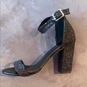 Black Glitter Block Heel Sandals